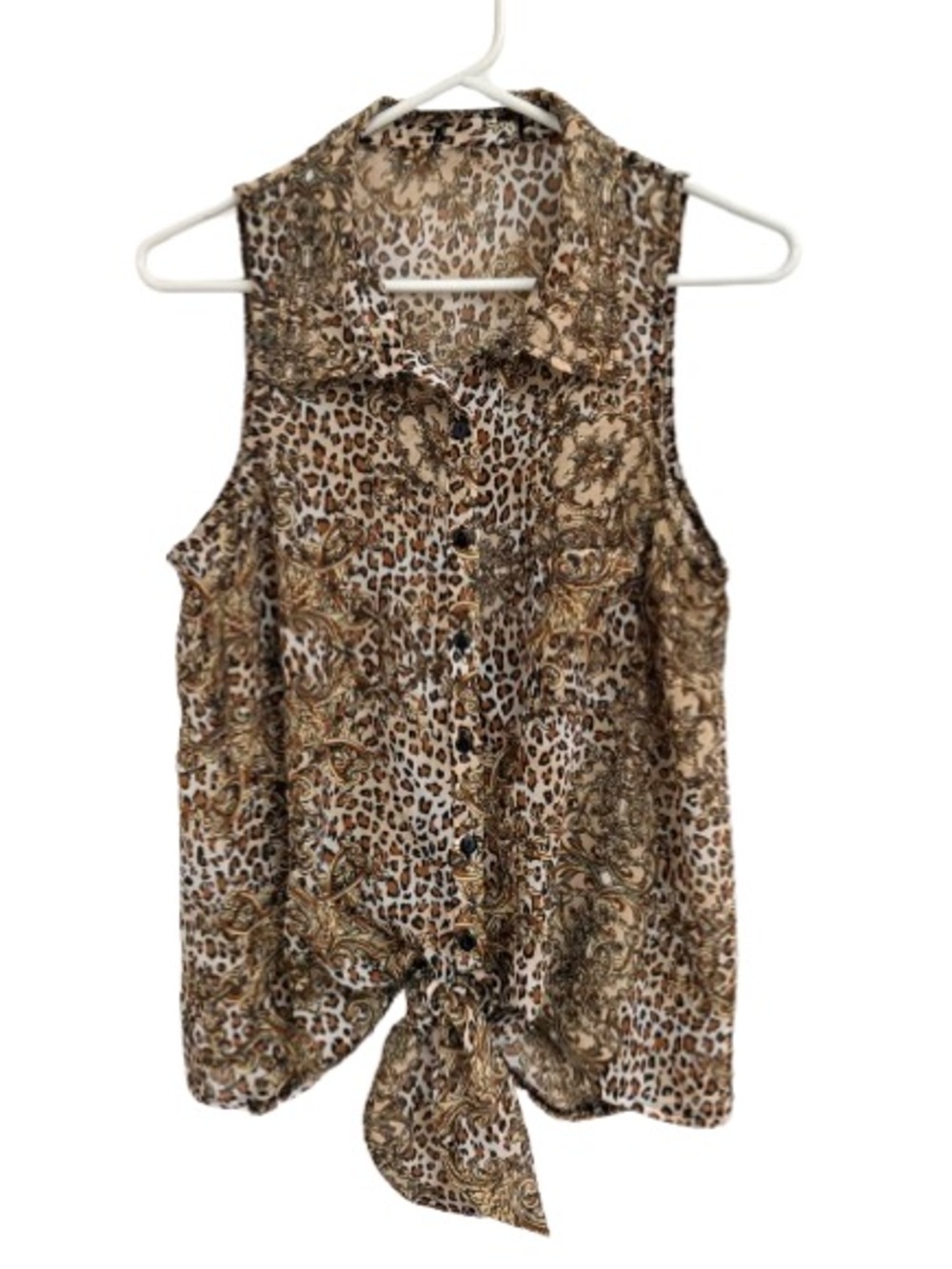 Sleeveless Leopard Print Tie-Front Blouse - Brown